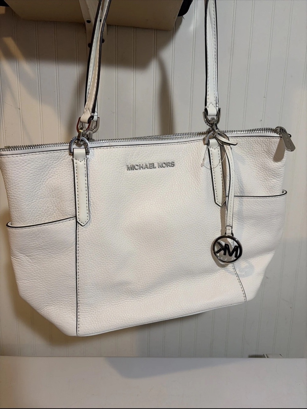 Michael Kors Ciara Optic White large top Zip Affine leather satchel. NWOT!!
